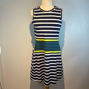 Hatley Sarah dress navy blue/ chartreuse stripes sleeveless size large